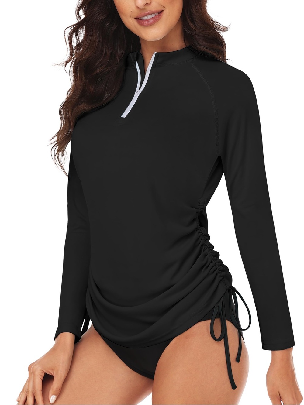 Black Long-Sleeve Swim Coverup with Side Ruching